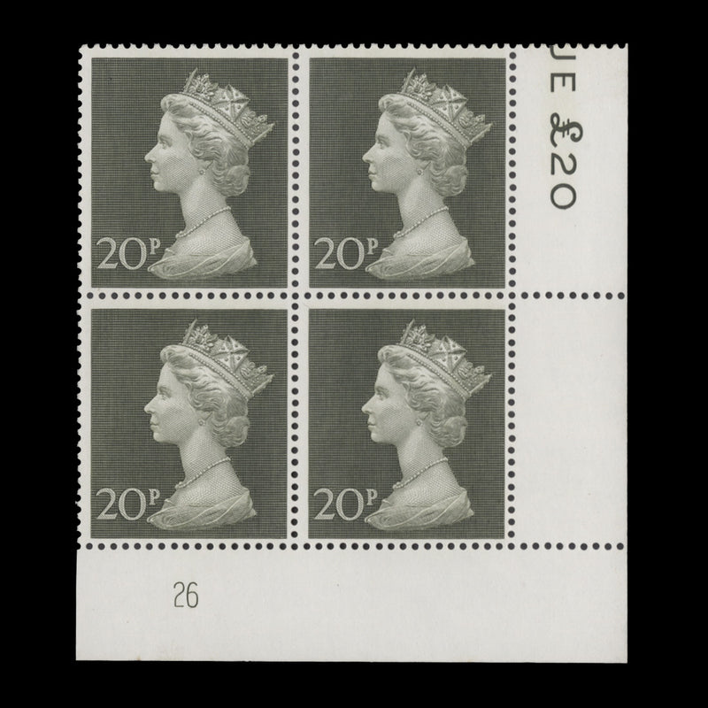 Great Britain 1970 (MNH) 20p Olive-Green plate 26 block