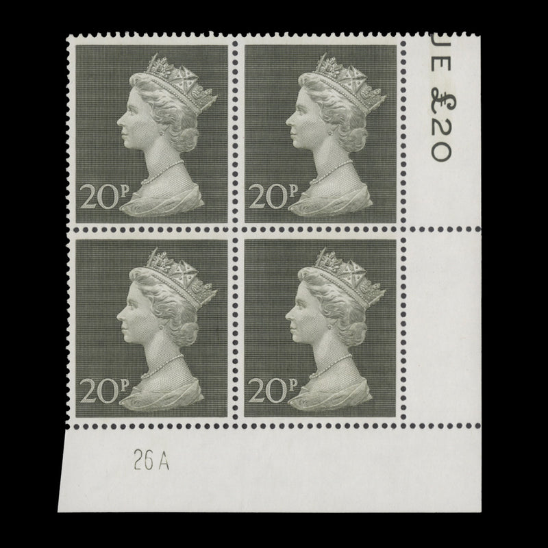 Great Britain 1970 (MNH) 20p Olive-Green plate 26A block