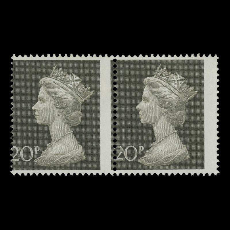Great Britain 1973 (Variety) 20p Olive-Green pair with perf shift