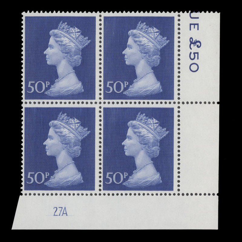 Great Britain 1974 (MNH) 50p Deep Ultramarine plate 27A block