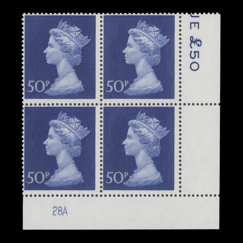 Great Britain 1974 (MNH) 50p Deep Ultramarine plate 28A block