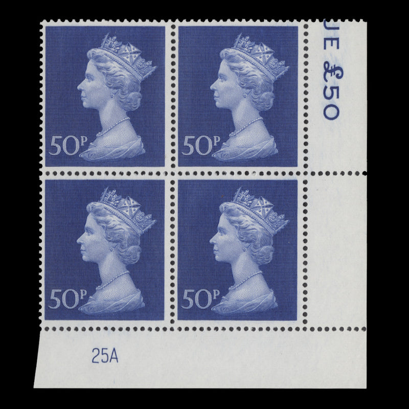 Great Britain 1974 (MNH) 50p Deep Ultramarine plate 25A block