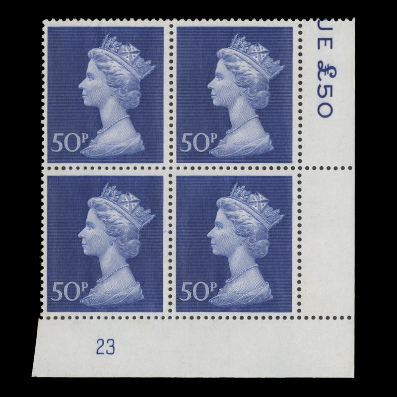 Great Britain 1974 (MNH) 50p Deep Ultramarine plate 23 block