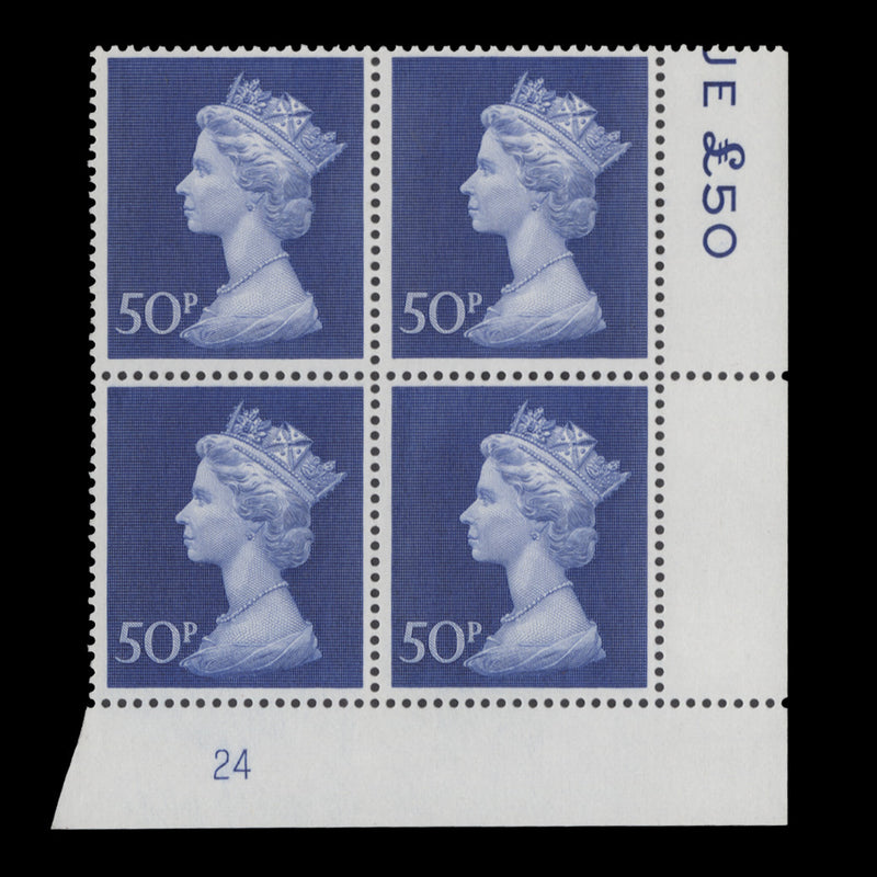 Great Britain 1974 (MNH) 50p Deep Ultramarine plate 24 block