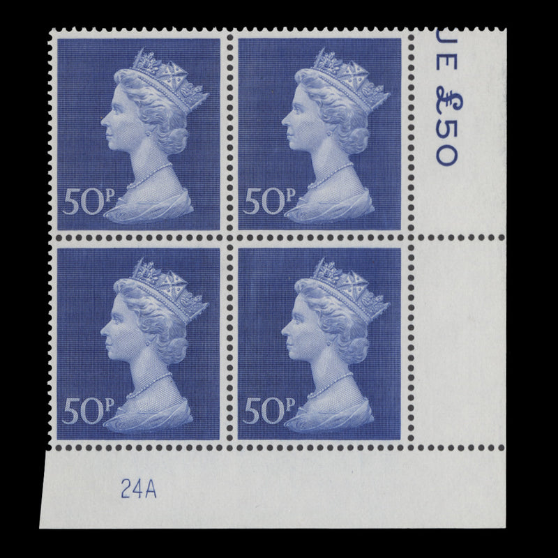 Great Britain 1974 (MNH) 50p Deep Ultramarine plate 24A block