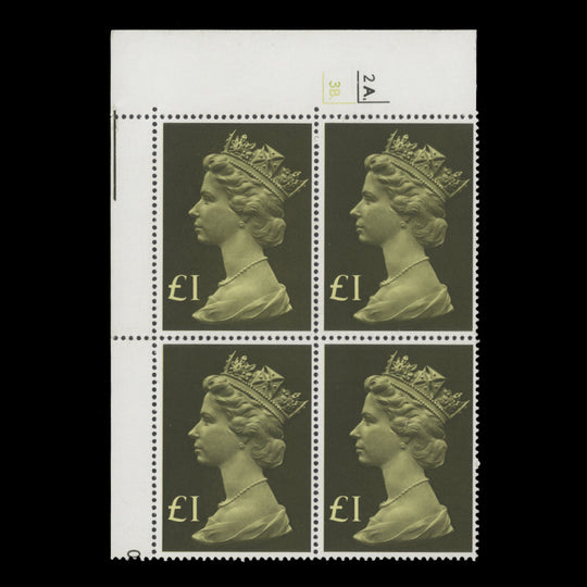 Great Britain 1977 (MNH) £1 Olive & Greenish Yellow cyl 2A.–3B. block