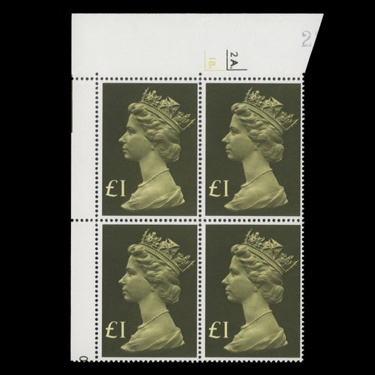 Great Britain 1977 (MNH) £1 Olive & Greenish Yellow cyl 2A.–1B. block