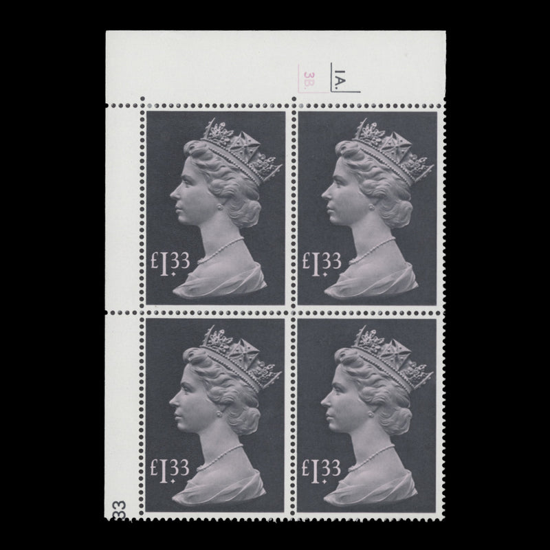 Great Britain 1984 (MNH) £1.33 Grey-Black & Pink cyl 1A.–3B. block