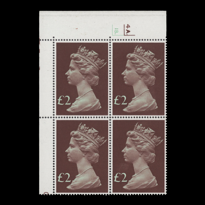 Great Britain 1977 (MNH) £2 Red-Brown & Emerald cyl 4A.–1B. block