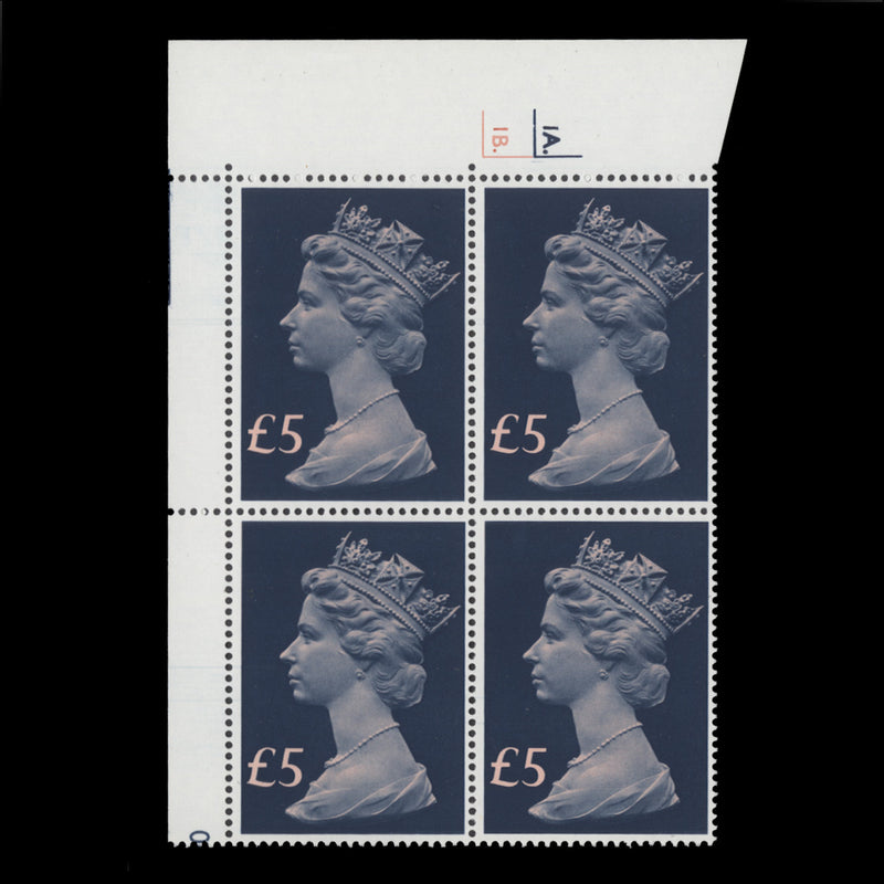 Great Britain 1977 (MNH) £5 Chalky Blue & Salmon cyl 1A.–1B. block