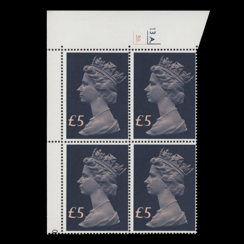 Great Britain 1977 (MNH) £5 Chalky Blue & Salmon cyl 13A.–3B. block
