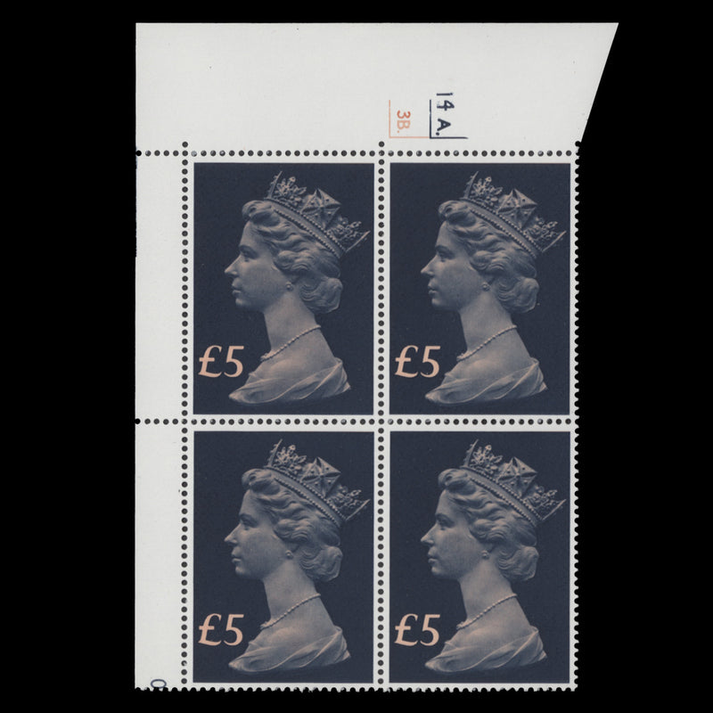 Great Britain 1977 (MNH) £5 Chalky Blue & Salmon cyl 14A.–3B. block