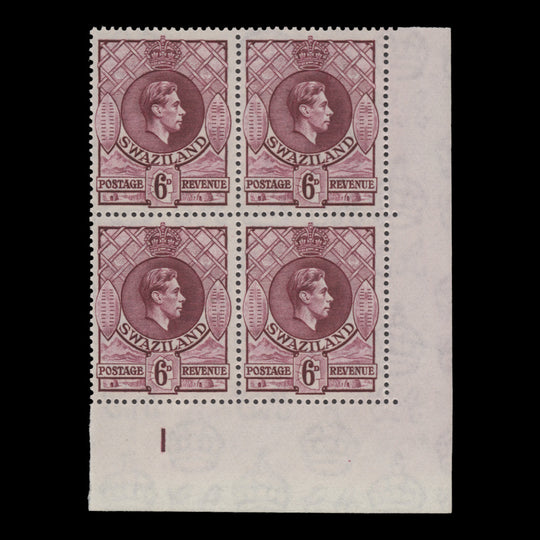 Swaziland 1944 (MNH) 6d Reddish Purple plate 1 block