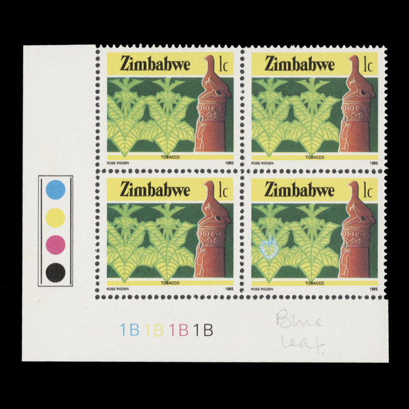 Zimbabwe 1985 (Flaw) 1c Tobacco plate 1B–1B–1B–1B blocks