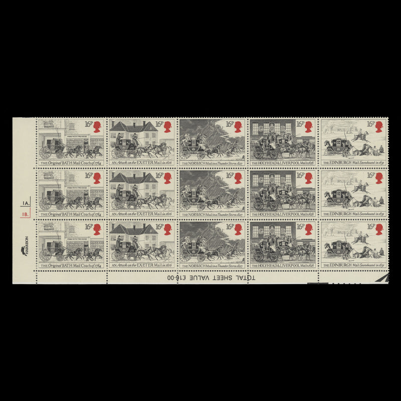 Great Britain 1984 (MNH) First Mail Coach Run cylinder 1A.–1B. block, six guide dots