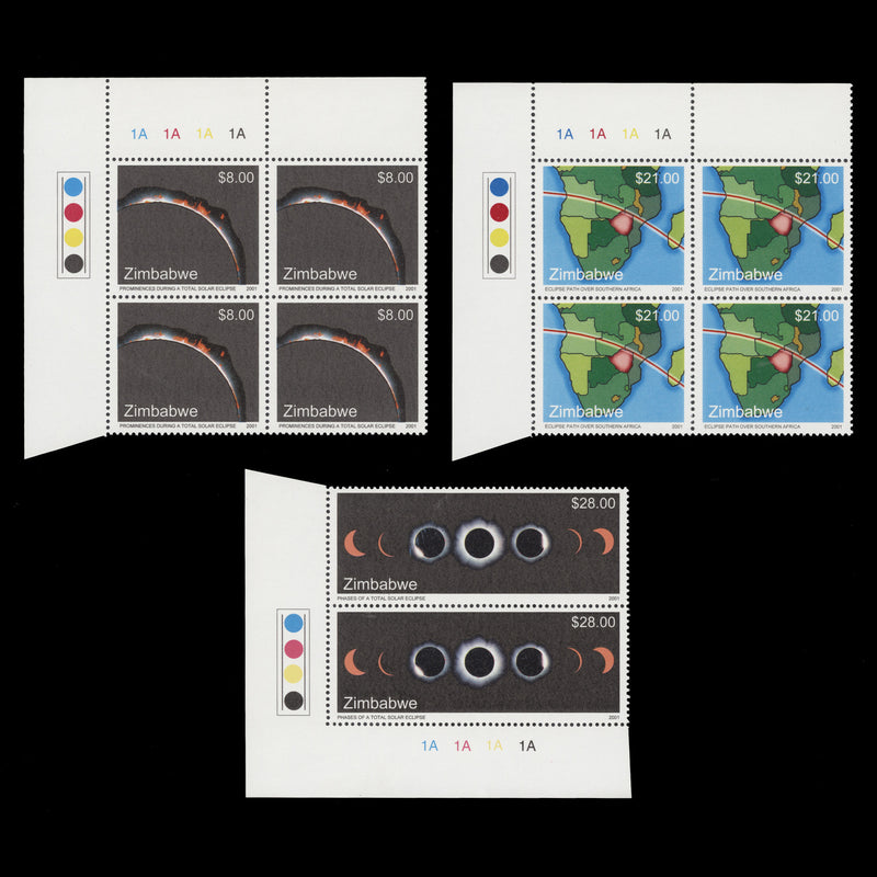 Zimbabwe 2001 (MNH) Total Solar Eclipse plate 1A–1A–1A–1A blocks