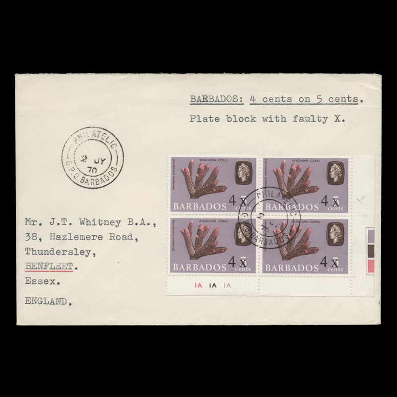 Barbados 1970 (Used) 4c/5c Staghorn Coral plate block with X flaw