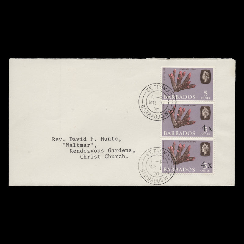 Barbados 1970 (FDC) 4c/5c Staghorn Coral strip, one missing surch