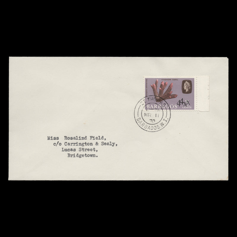 Barbados 1970 (FDC) 4c/5c Staghorn Coral surcharge double