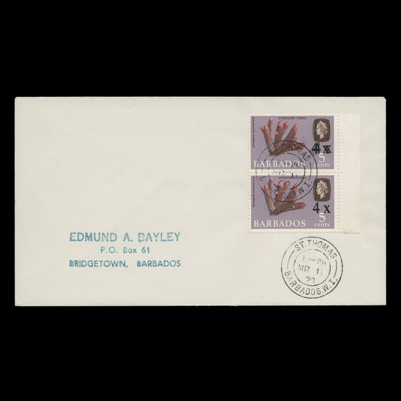 Barbados 1970 (FDC) 4c/5c Staghorn Coral pair, one surcharge double