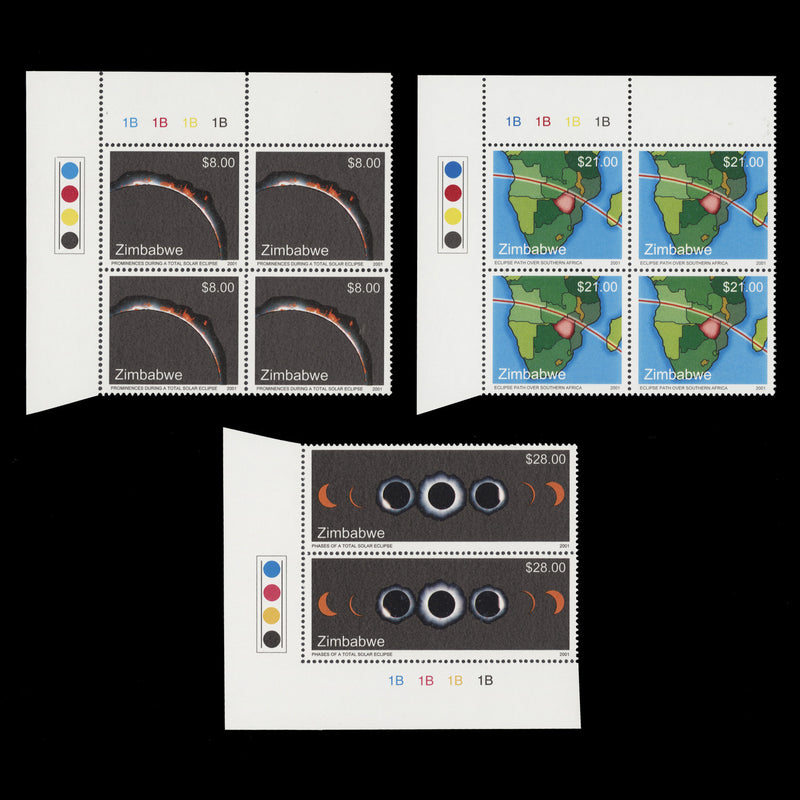 Zimbabwe 2001 (MNH) Total Solar Eclipse plate 1B–1B–1B–1B blocks