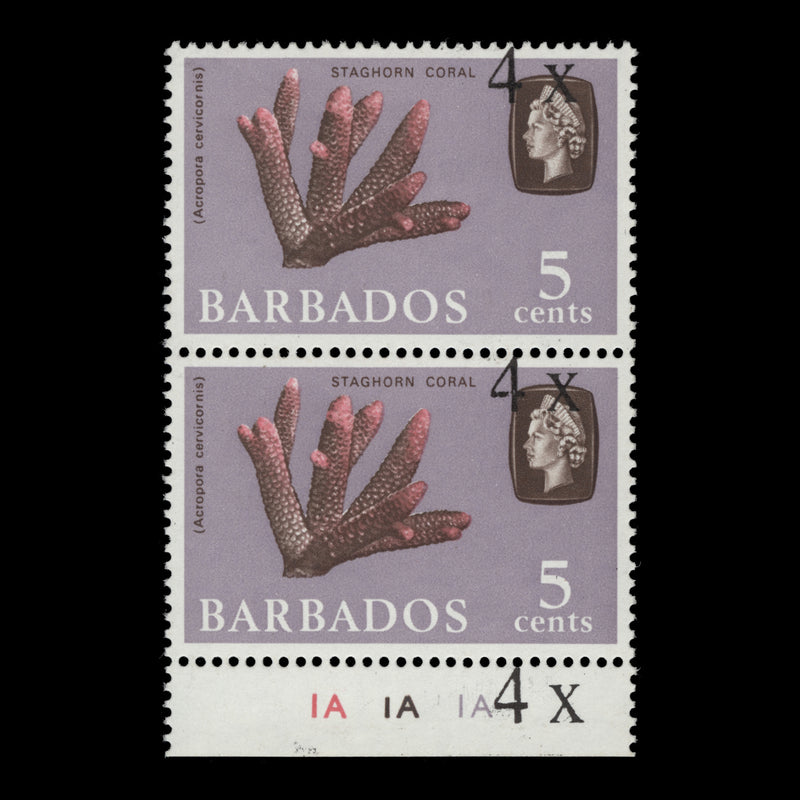 Barbados 1970 (Variety) 4c/5c Staghorn Coral plate pair, surcharge shift