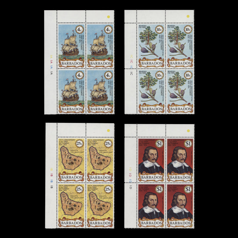 Barbados 1975 (MNH) Settlement Anniversary plate blocks