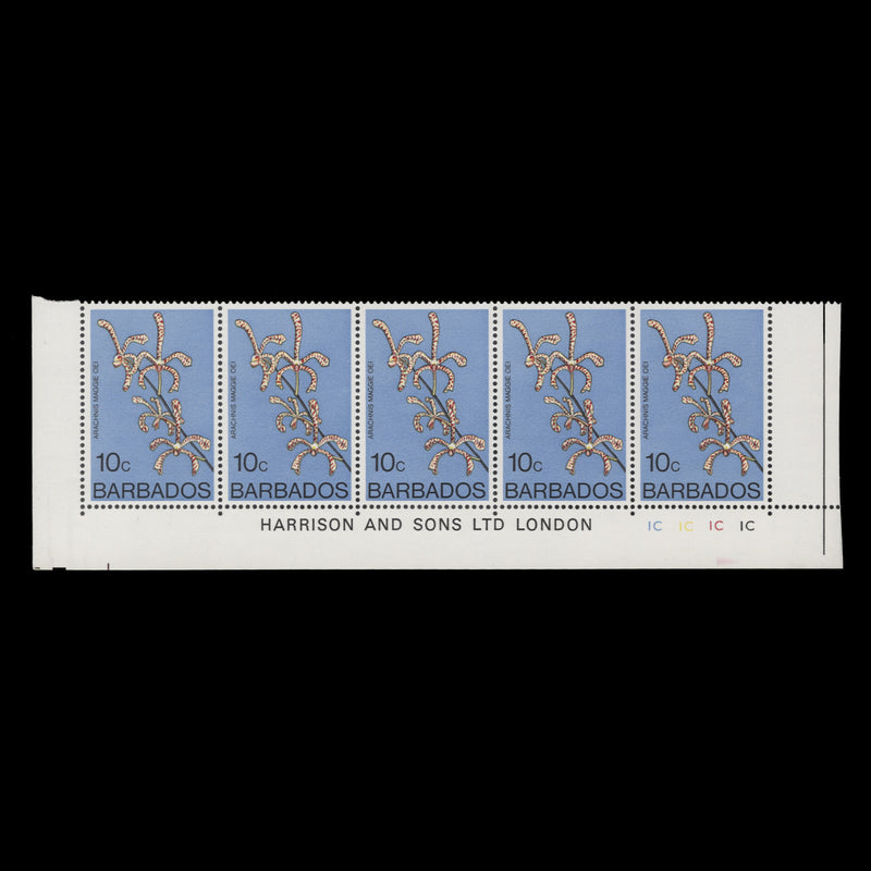 Barbados 1977 (MNH) 10c Arachnis Maggie Oei imprint/plate strip