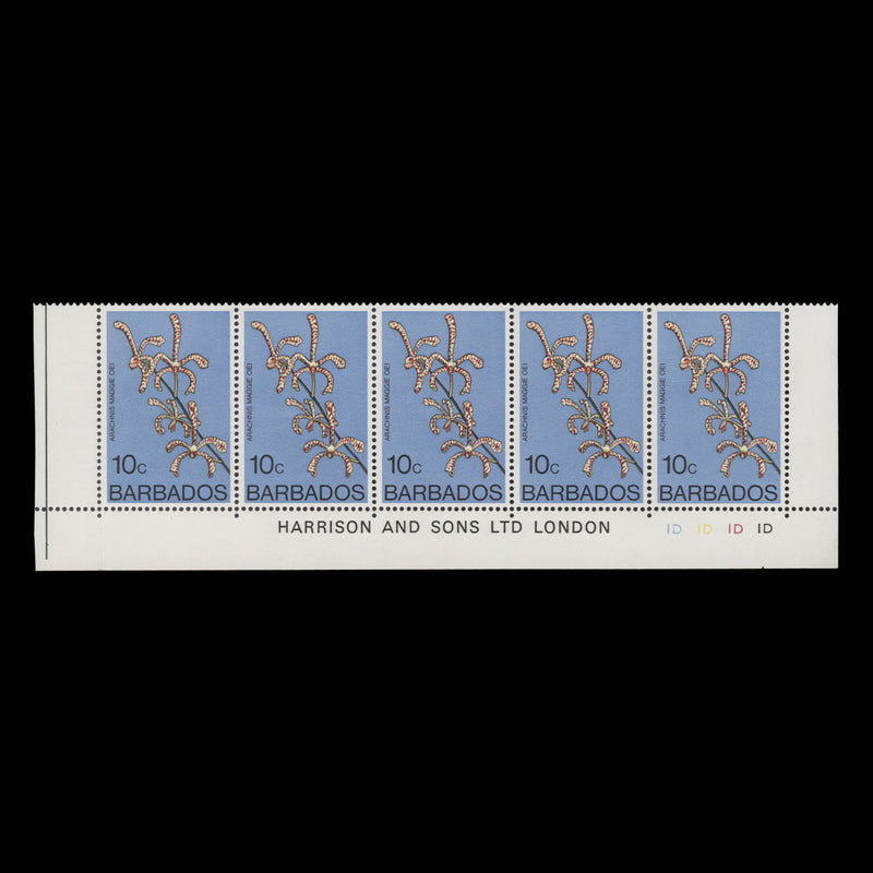 Barbados 1977 (MNH) 10c Arachnis Maggie Oei imprint/plate strip