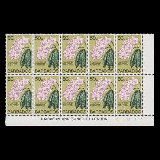Barbados 1979 (MNH) 50c Phalaenopsis Schilleriana imprint/plate block