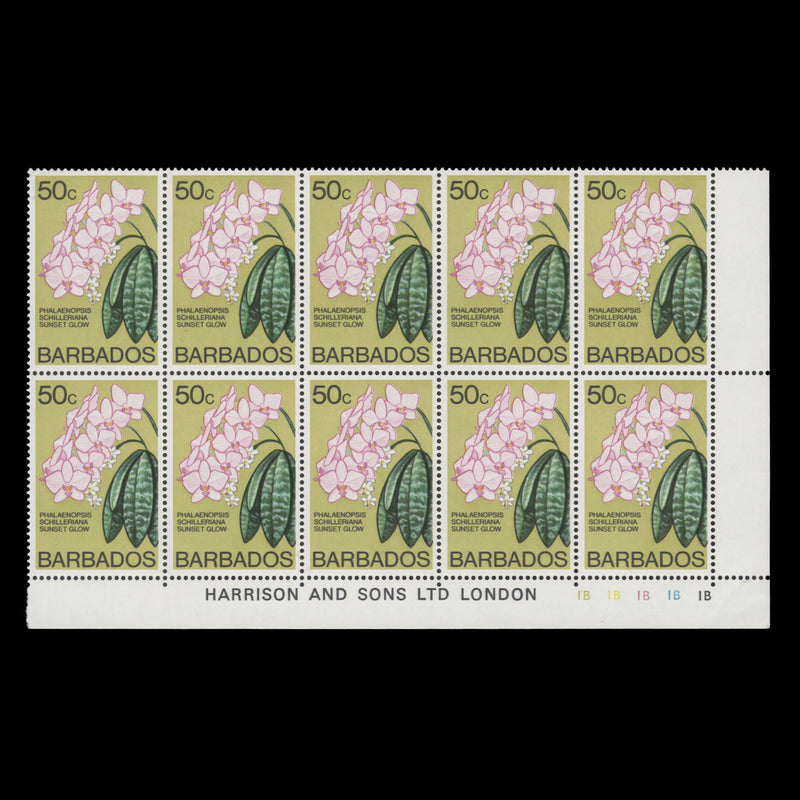 Barbados 1979 (MNH) 50c Phalaenopsis Schilleriana imprint/plate block