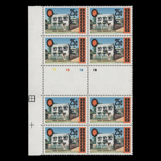 Barbados 1970 (MNH) 25c George Washington House gutter plate block