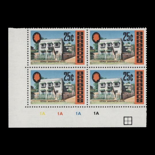 Barbados 1970 (MNH) 25c George Washington House plate block