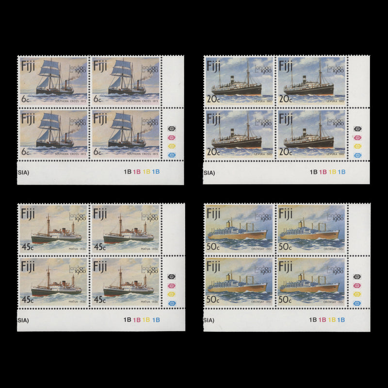 Fiji 1980 (MNH) Mail-Carrying Ships traffic light/plate blocks
