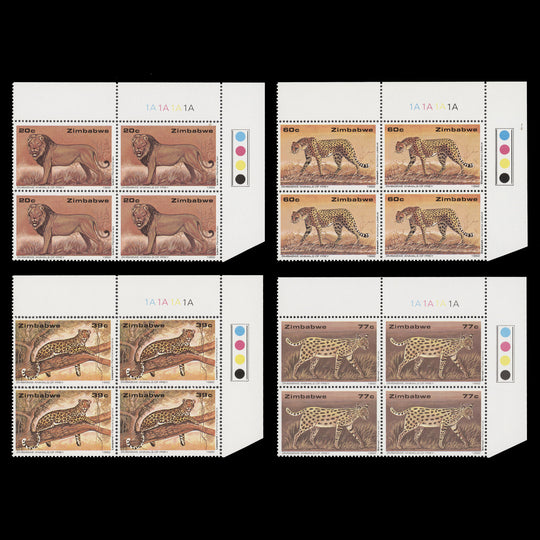 Zimbabwe 1992 (MNH) Big Cats plate 1A–1A–1A–1A blocks