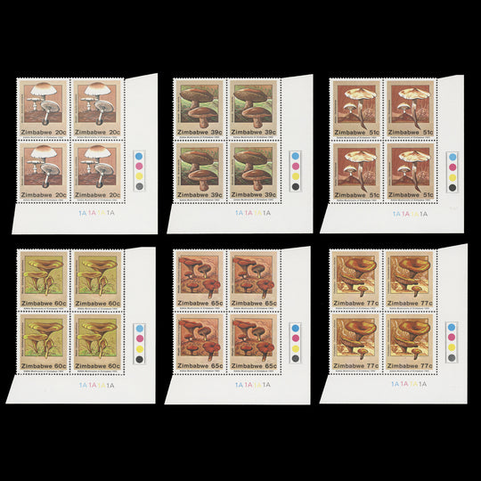 Zimbabwe 1992 (MNH) Edible Mushrooms plate 1A–1A–1A–1A blocks
