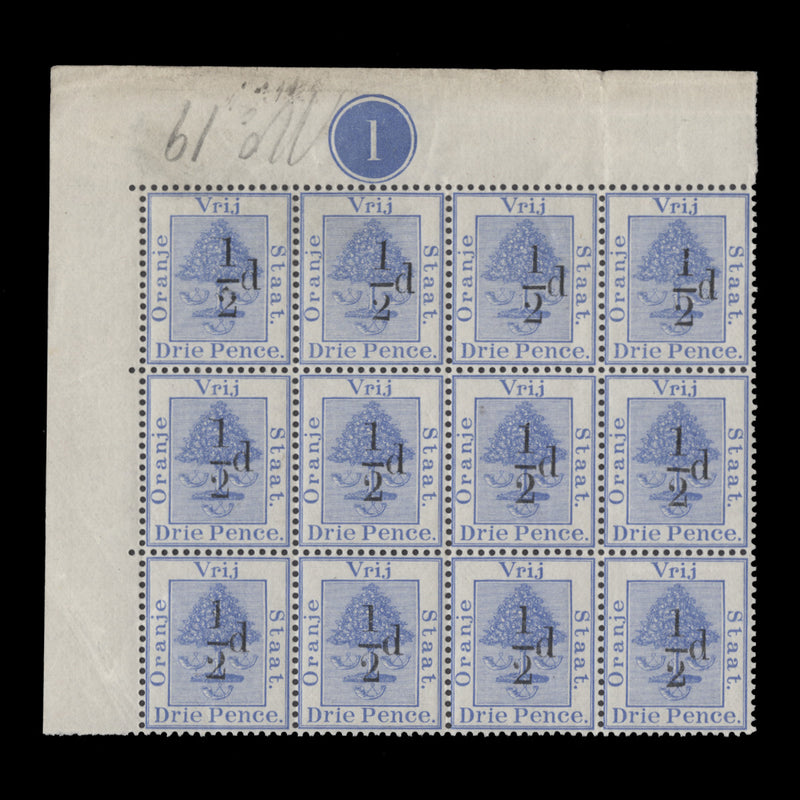 Orange Free State 1896 (MNH) ½d/3d Ultramarine plate 1 block