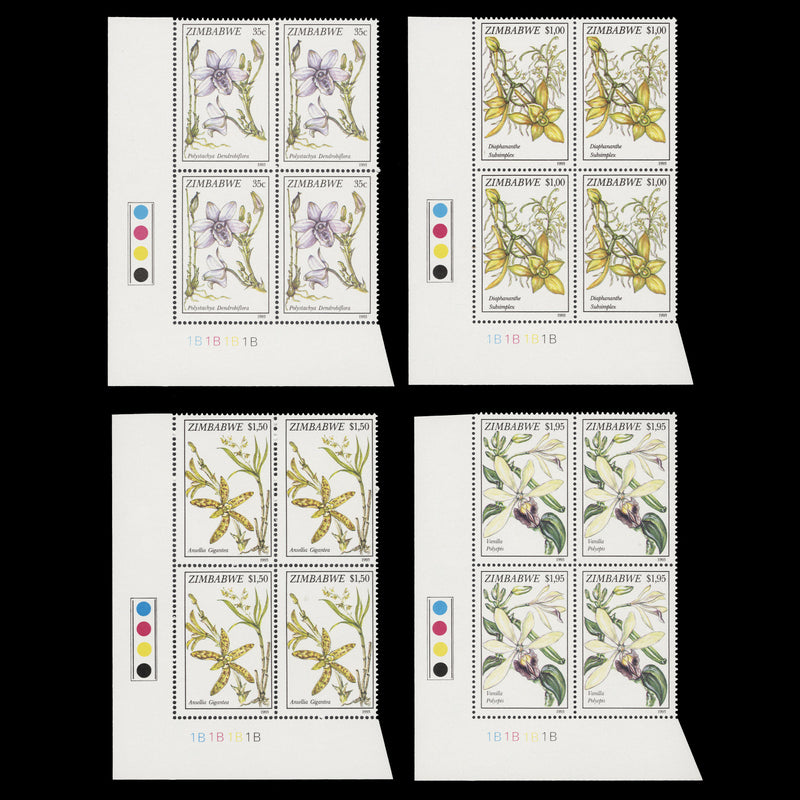 Zimbabwe 1993 (MNH) Orchids plate 1B–1B–1B–1B blocks