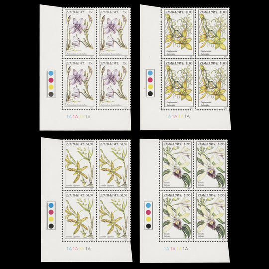 Zimbabwe 1993 (MNH) Orchids plate 1A–1A–1A–1A blocks