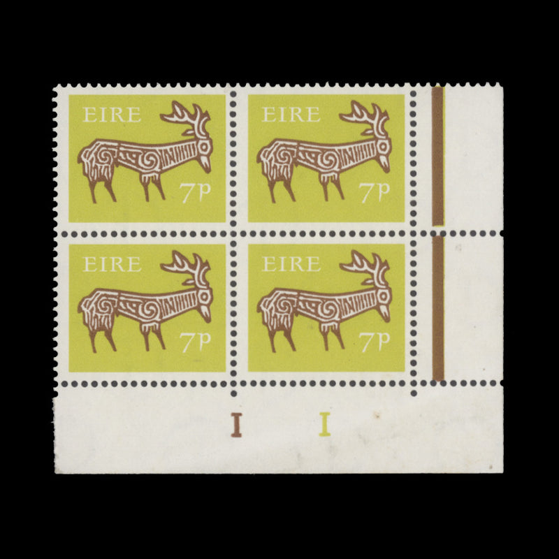 Ireland 1969 (MNH) 7d Stag cylinder 1–1 block, gum arabic