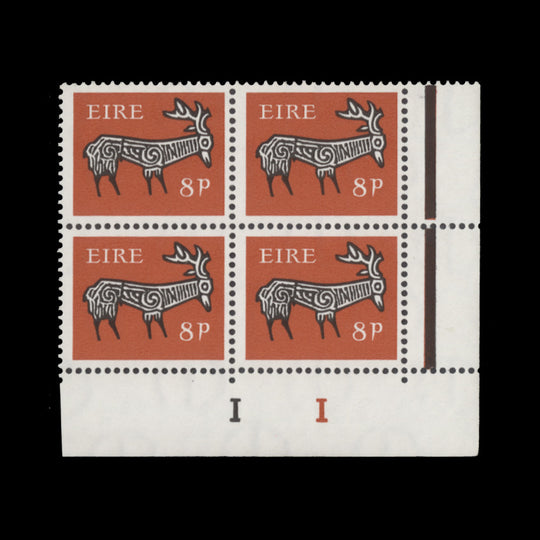 Ireland 1968 (MNH) 8d Stag cylinder 1–1 block, PVA gum