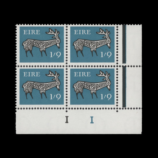 Ireland 1969 (MNH) 1s 9d Stag cylinder 1–1 block, thin paper, gum arabic
