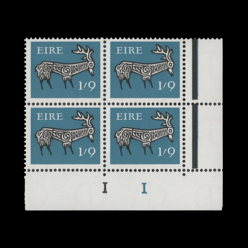 Ireland 1969 (MNH) 1s 9d Stag cylinder 1–1 block, thin paper, gum arabic