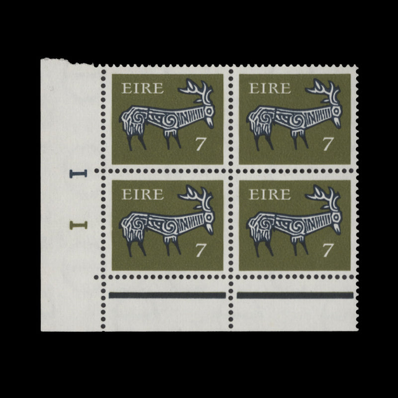 Ireland 1974 (MNH) 7p Stag cylinder 1–1 block, shiny PVA gum