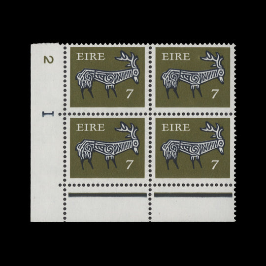 Ireland 1974 (MNH) 7p Stag cylinder 2–1 block, FCP, PVAD gum
