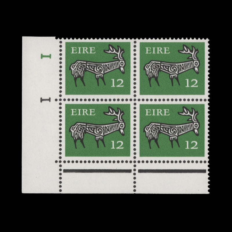 Ireland 1977 (MNH) 12p Stag cylinder 1–1 block, FCP, PVA gum