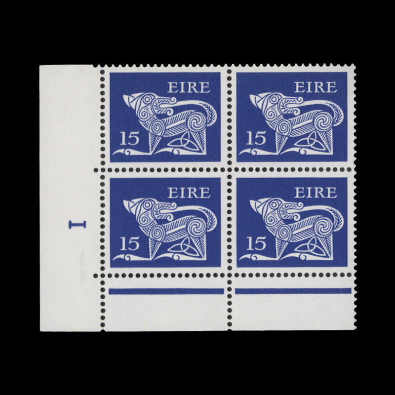 Ireland 1980 (MNH) 15p Dog cylinder 1 block, FCP, PVAD gum