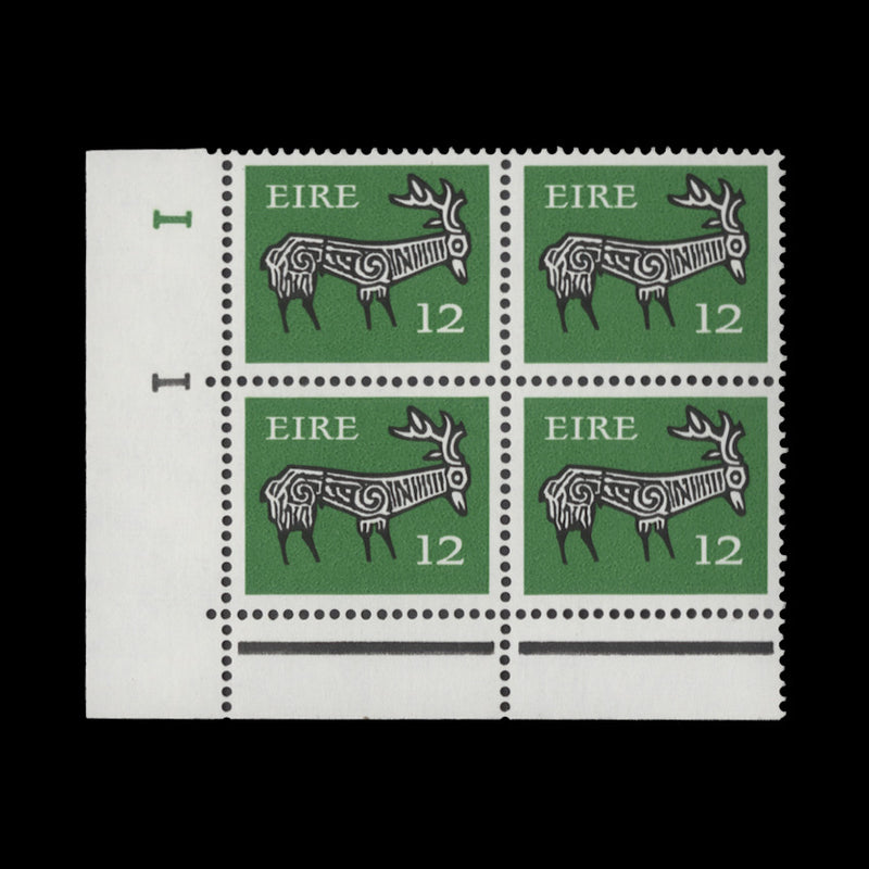 Ireland 1977 (MNH) 12p Stag cylinder 1–1 block, FCP, PVAD gum