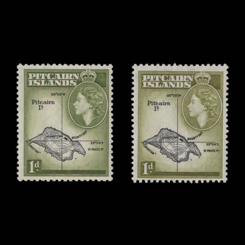 Pitcairn Islands 1959 (MNH) 1d Map, black & yellow-olive shade