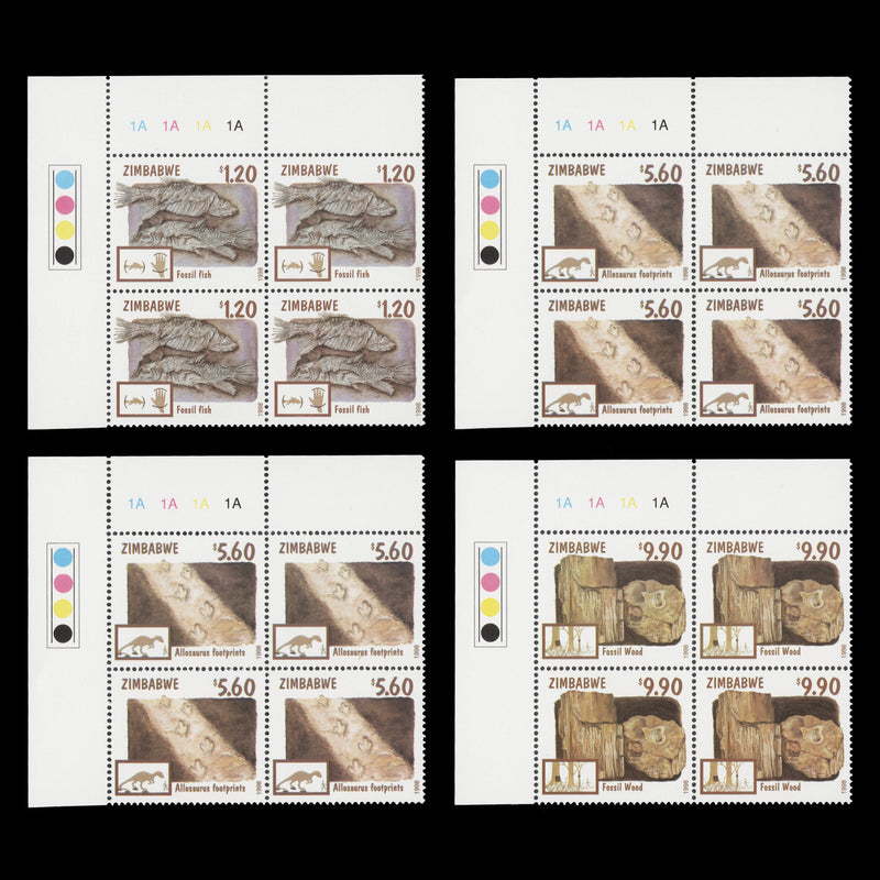 Zimbabwe 1998 (MNH) Fossils plate 1A–1A–1A–1A blocks